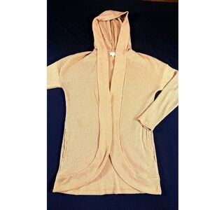 SO Womens Tan Waffle Knit Hooded Open Front Cardigan Sweater Pockets Small